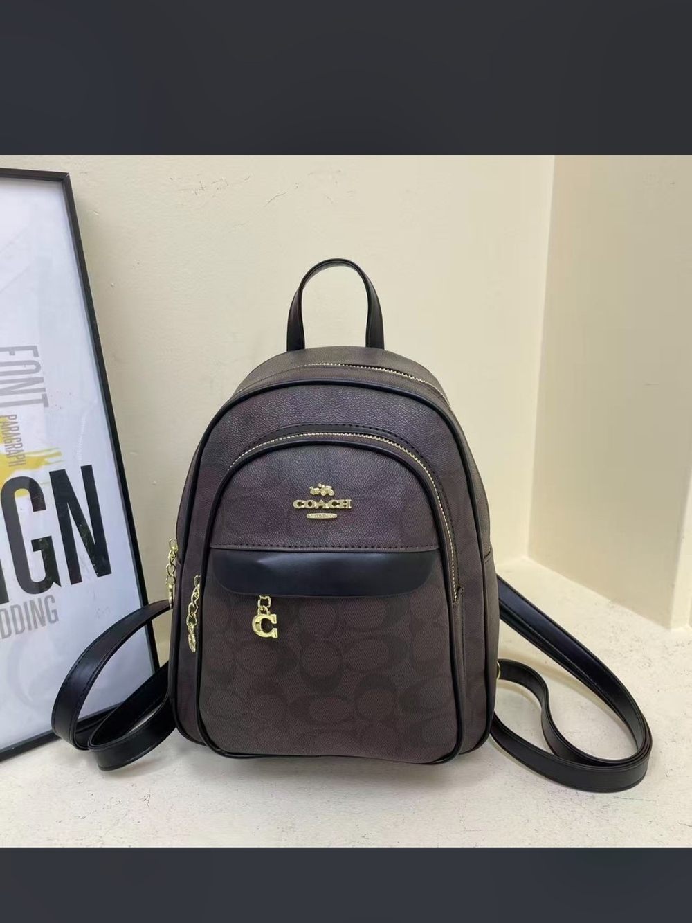 Coach Mini Signature Backpack in Dark Brown with Black Trim